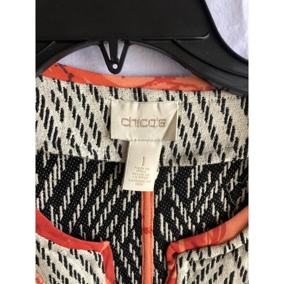 Chico's Embellished Suit Coat, Black & White with Orange Trim, Floral, Size US 8 - Picture 4 of 9